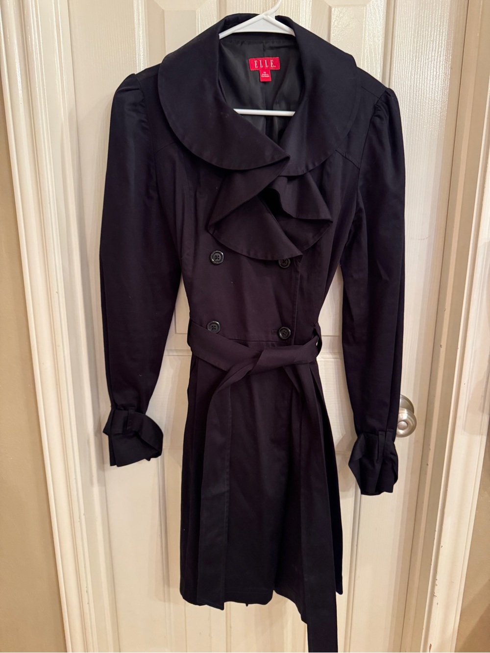 ELLE Black Long-Sleeve Ruffle Trench Dress with Belt